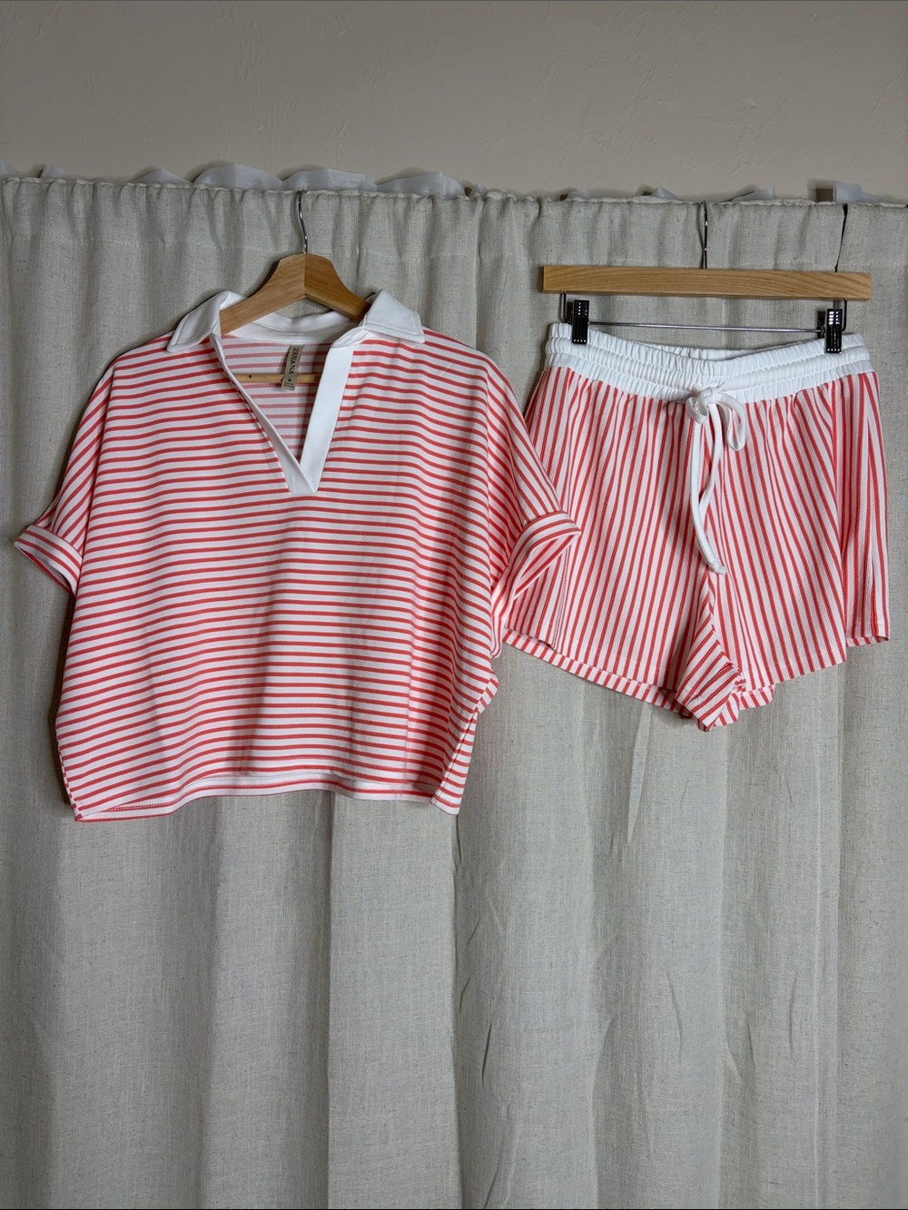 Zenana White and Coral Striped Polo Top and shorts set NWOT